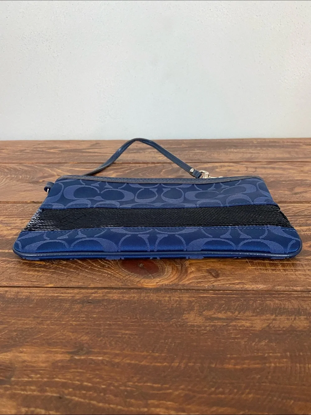Coach Blue Sequin Stripe Wristlet Clutch